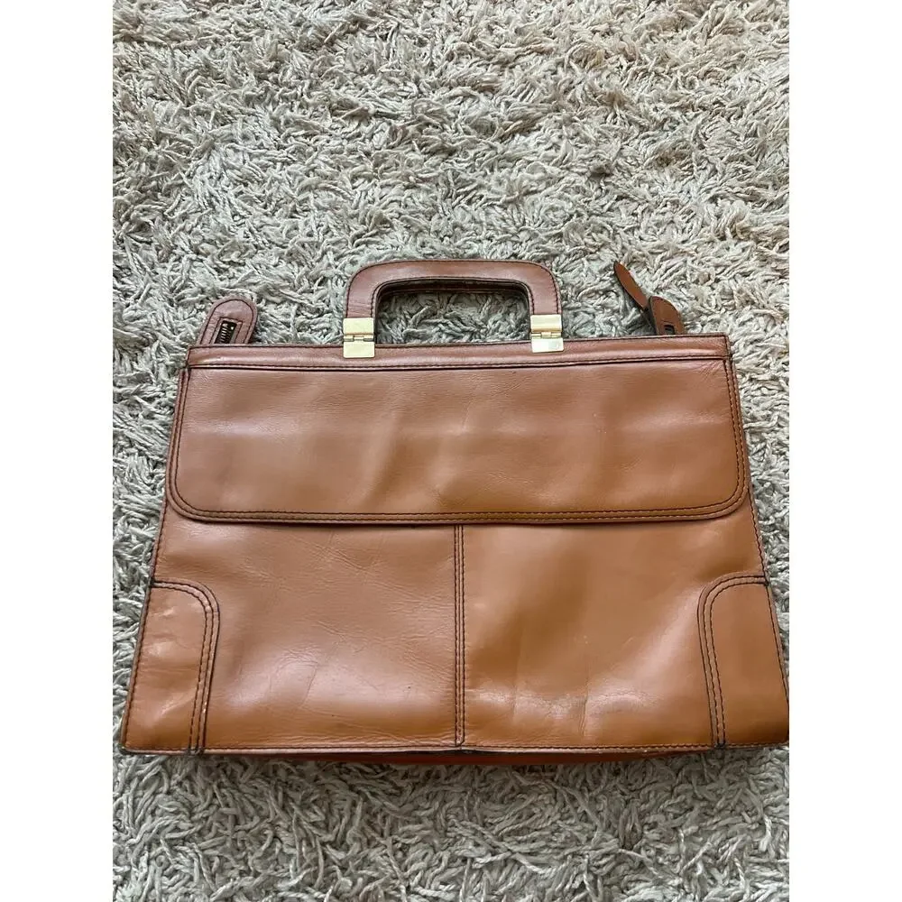 Vintage Tan Leather YKK Zip Front Flap Pocket Briefcase Document Laptop Bag